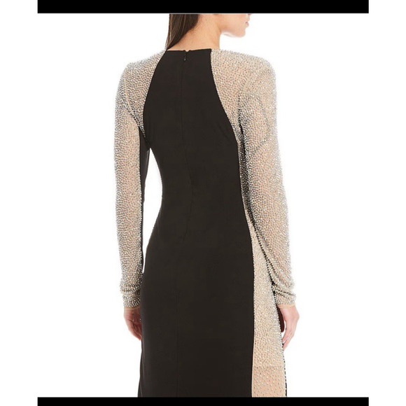 Xscape Caviar Beaded Mesh Panel Contrast Matte Square Neck Sheath Gown Sz 6 NWT - Picture 4 of 16